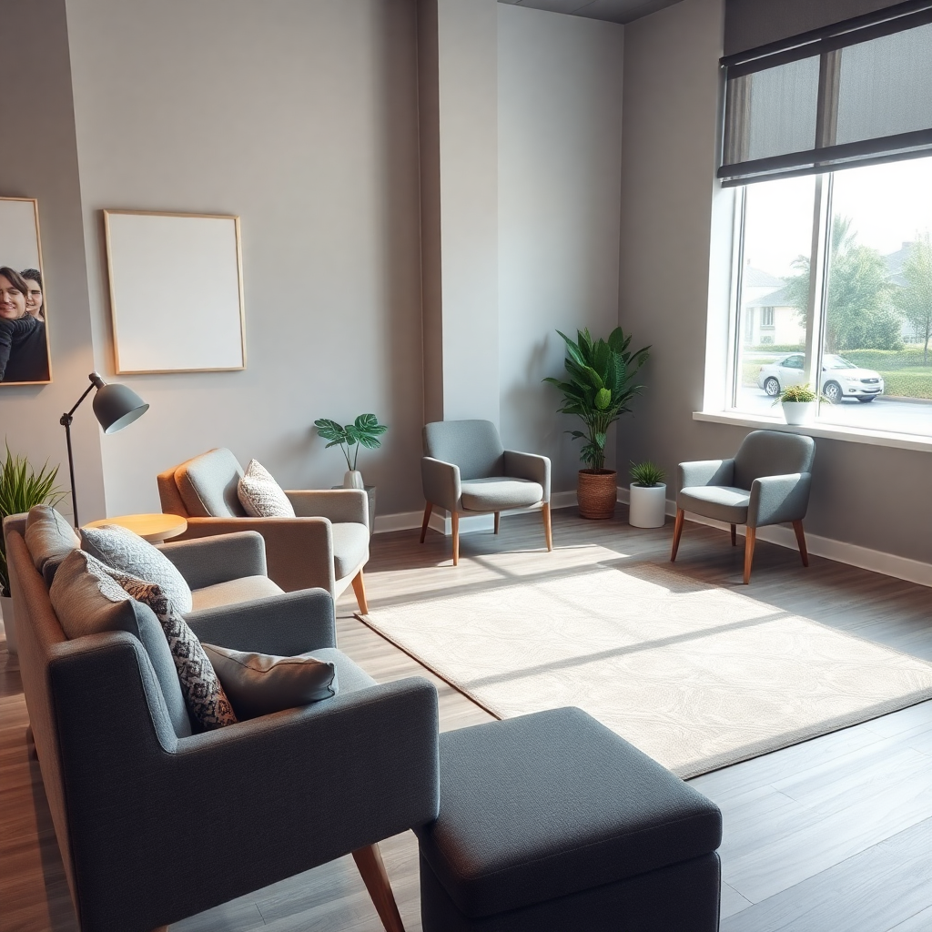 modern therapy session room with comfortable seating, natural lighting, professional healthcare environment